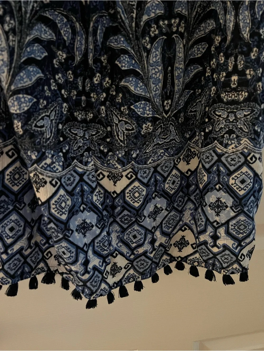 J. Jill Blue and White Paisley Midi Skirt with Tassel Hem